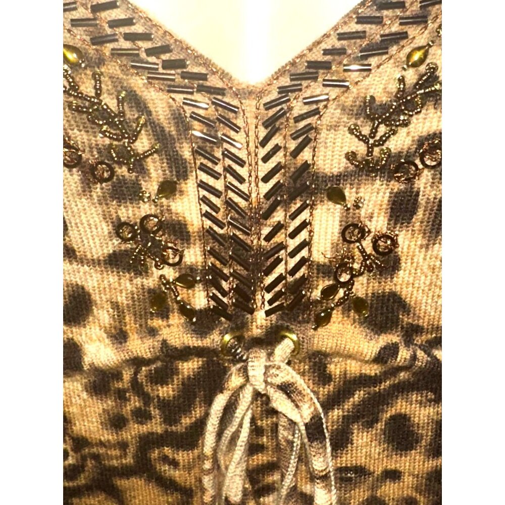 Dana Buchman Size M Brown Leopard Print Merino Wool Beaded Tunic Sweater Blouse - Picture 7 of 13